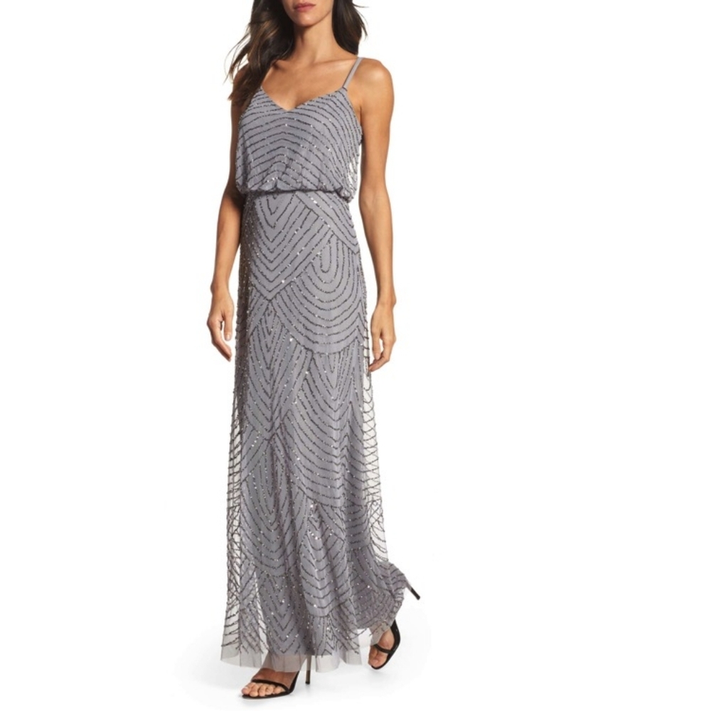 Petite Silver Adrianna Papell Beaded Gown